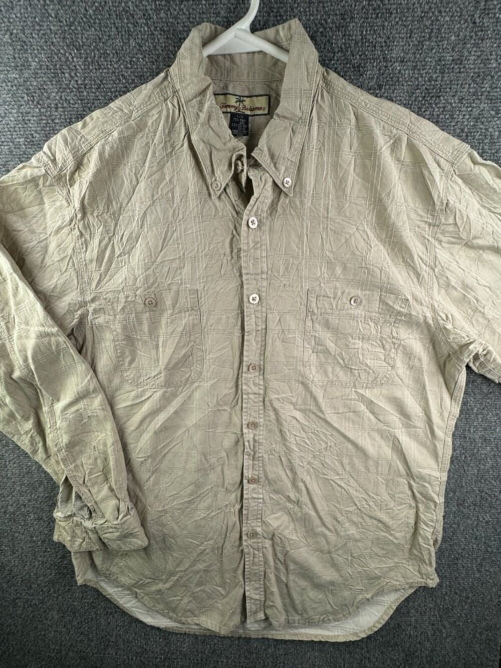 Tommy Bahama Men Button Up Shirt Long Sleeve Beige Cargo Pockets Silk Cotton